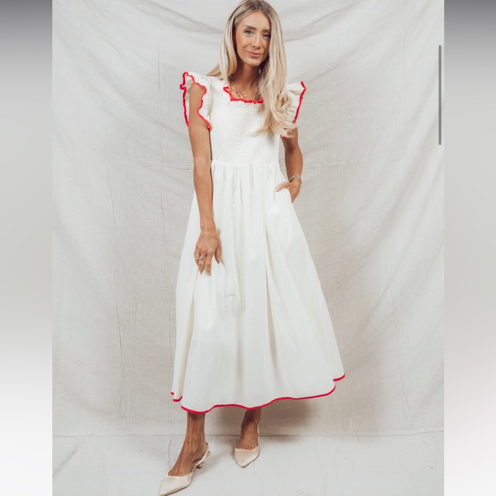 Elegant White Midi Dress with Red Trim Piper & Scoot Midgley - Picture 3 of 7